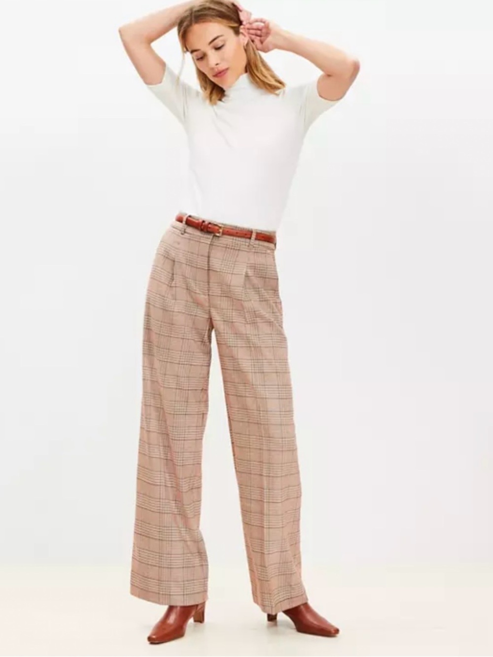 LOFT Beige Plaid Wide-Leg Pants